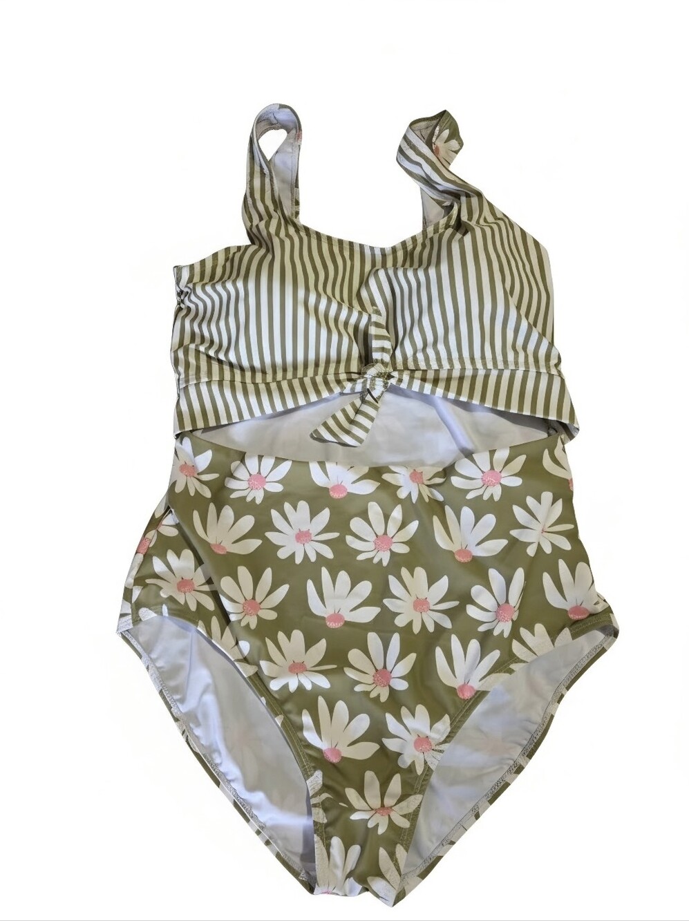Meet.Curve Olive Green Floral One-Piece Swimsuit with Striped Knot Top